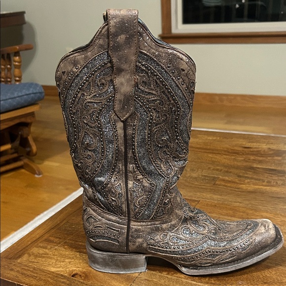 Corral Women's Brown & Grey Glitter Inlay Square Toe Western Boot 7 1/2 M - Picture 1 of 10